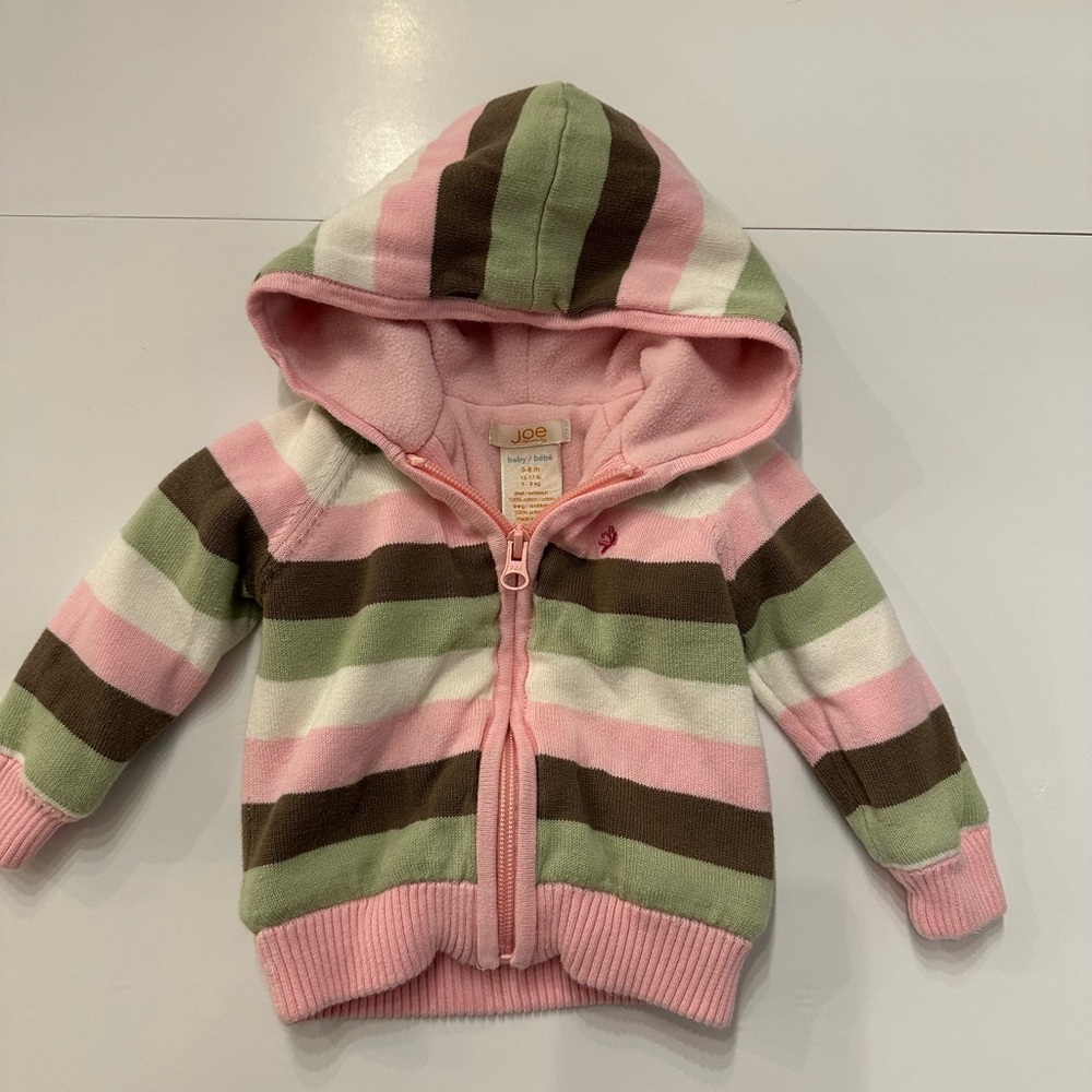 6/20$ JOE FRESH Thick Fleece Lined Striped Baby Zip Up Hoodie Size 3-6 months